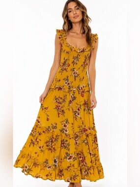 Anthropologie XS Abel The Label Yellow Floral Garden Smocked Tiered Maxi Dress